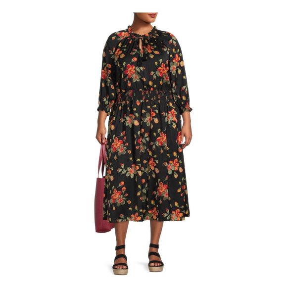 Size 1X (16W-18W) FLORAL PRINT PEASANT MIDI DRESS W/POCKETS All-Season PLUS SIZE - Picture 2 of 8